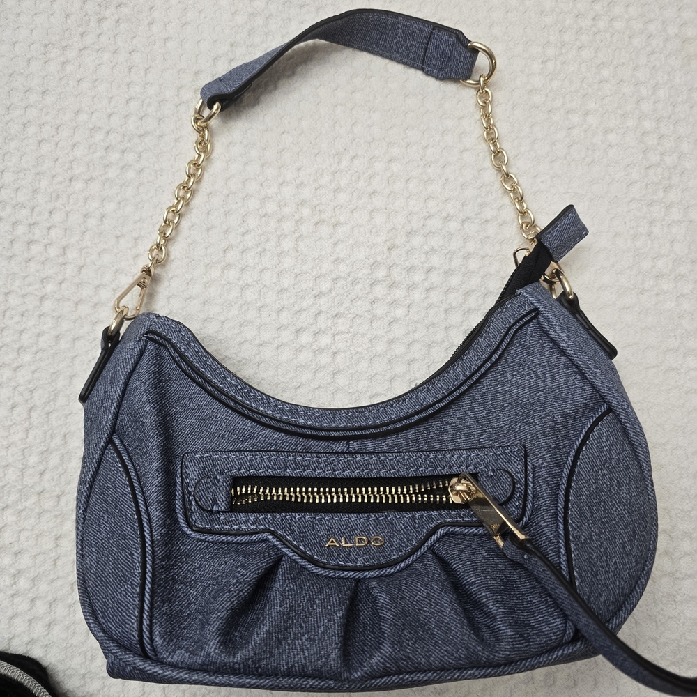 Aldo Denim-Textured Small Navy Bag with Gold Hardware